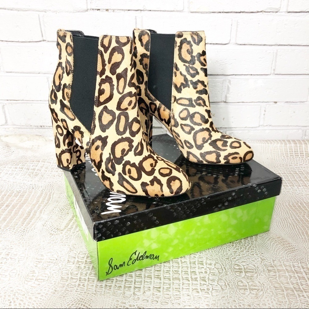 Sam Edelman Leopard Print Calf Hair Chelsea Boots Western Statement Size 8